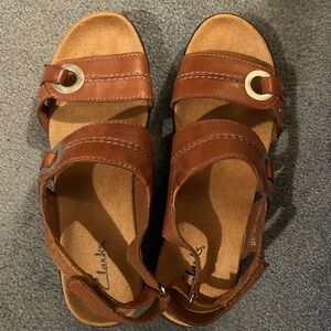Clarks Brown Leather Strappy Sandals with Gold Accents